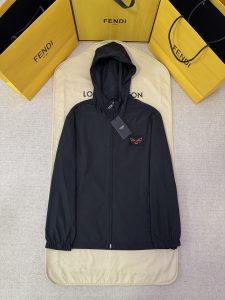 FENDI Black Hooded Zip-Up Windbreaker with Signature Embroidery